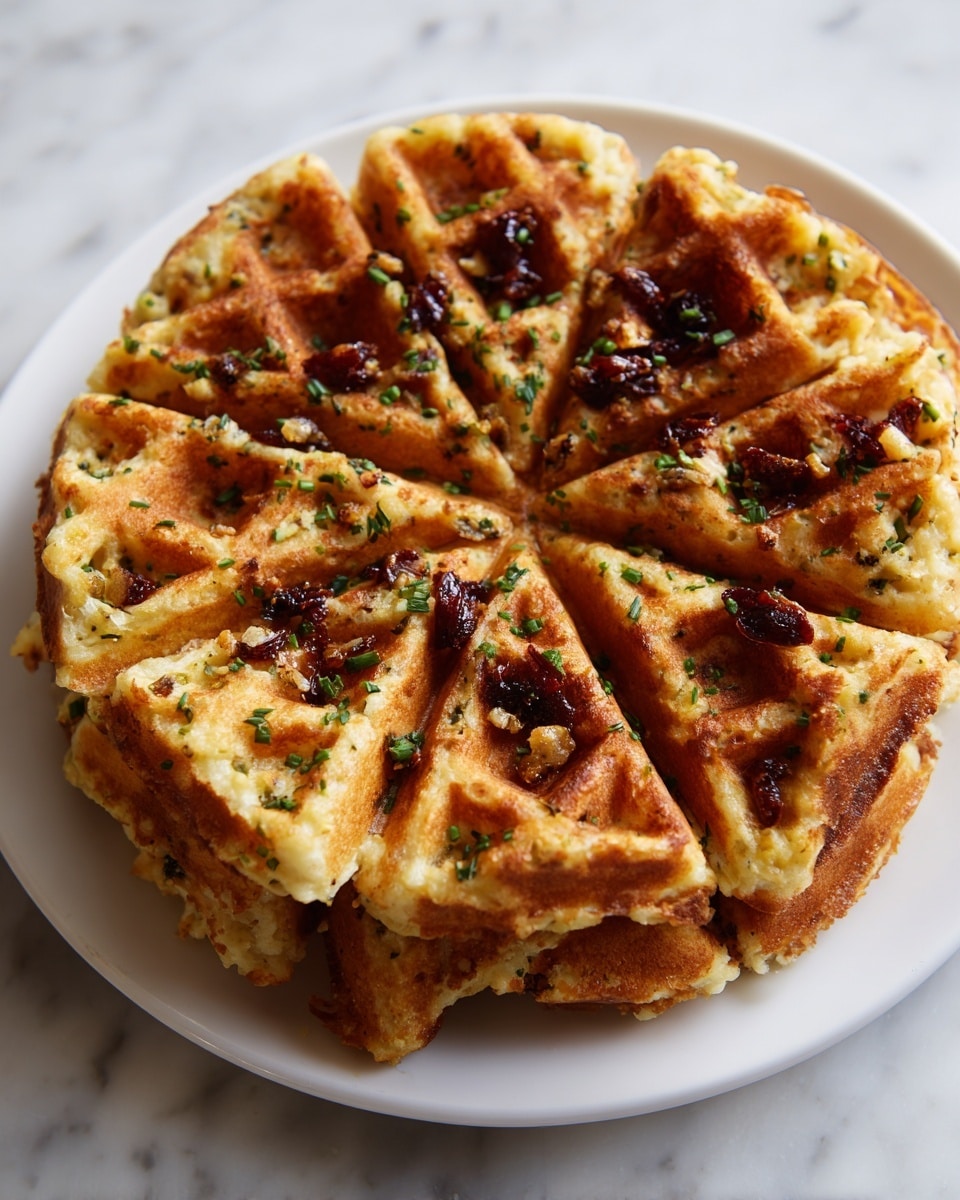 A close-up photo of a golden brown waffle cut into four large pieces on a white plate. The waffle is thick with a crispy texture, studded with small bits of green herbs and dark pieces inside the batter. The top has a sprinkle of crumbly bits and bright green chopped scallions scattered evenly across. The background shows a white marbled texture. photo taken with an iphone --ar 4:5 --v 7