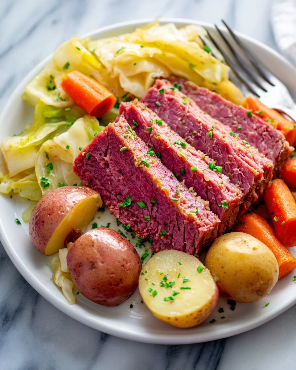 The image shows a white plate with three thick slices of pink corned beef placed in the center, topped with light green chopped herbs. Surrounding the meat are layers of bright orange cooked carrot sticks, halved golden and whole light brown baby potatoes with a smooth texture, and folded pale green cabbage leaves with a soft texture, also sprinkled with chopped herbs. The plate is set on a white marbled surface with a silver fork visible at the edge. Photo taken with an iphone --ar 4:5 --v 7