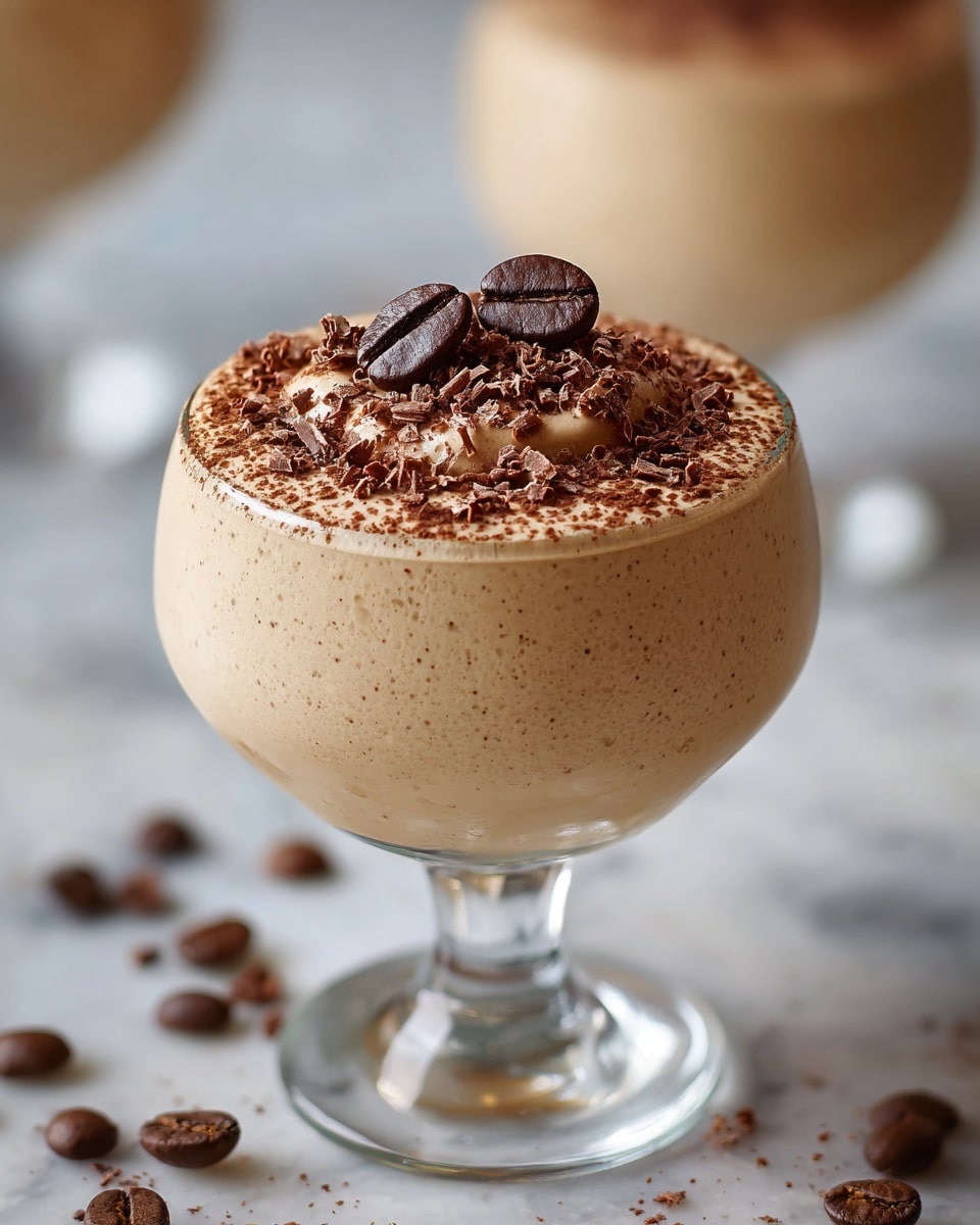 A creamy light brown mousse sits in a clear glass cup with a short stem, showing a smooth and soft texture. The top layer is decorated with two coffee beans on one side, sprinkled with fine dark brown cocoa powder in a half-moon shape, while the other side is covered with small curled chocolate shavings. The glass is placed on a white marbled surface with blurred coffee beans and another similar mousse in the background. Photo taken with an iphone --ar 4:5 --v 7