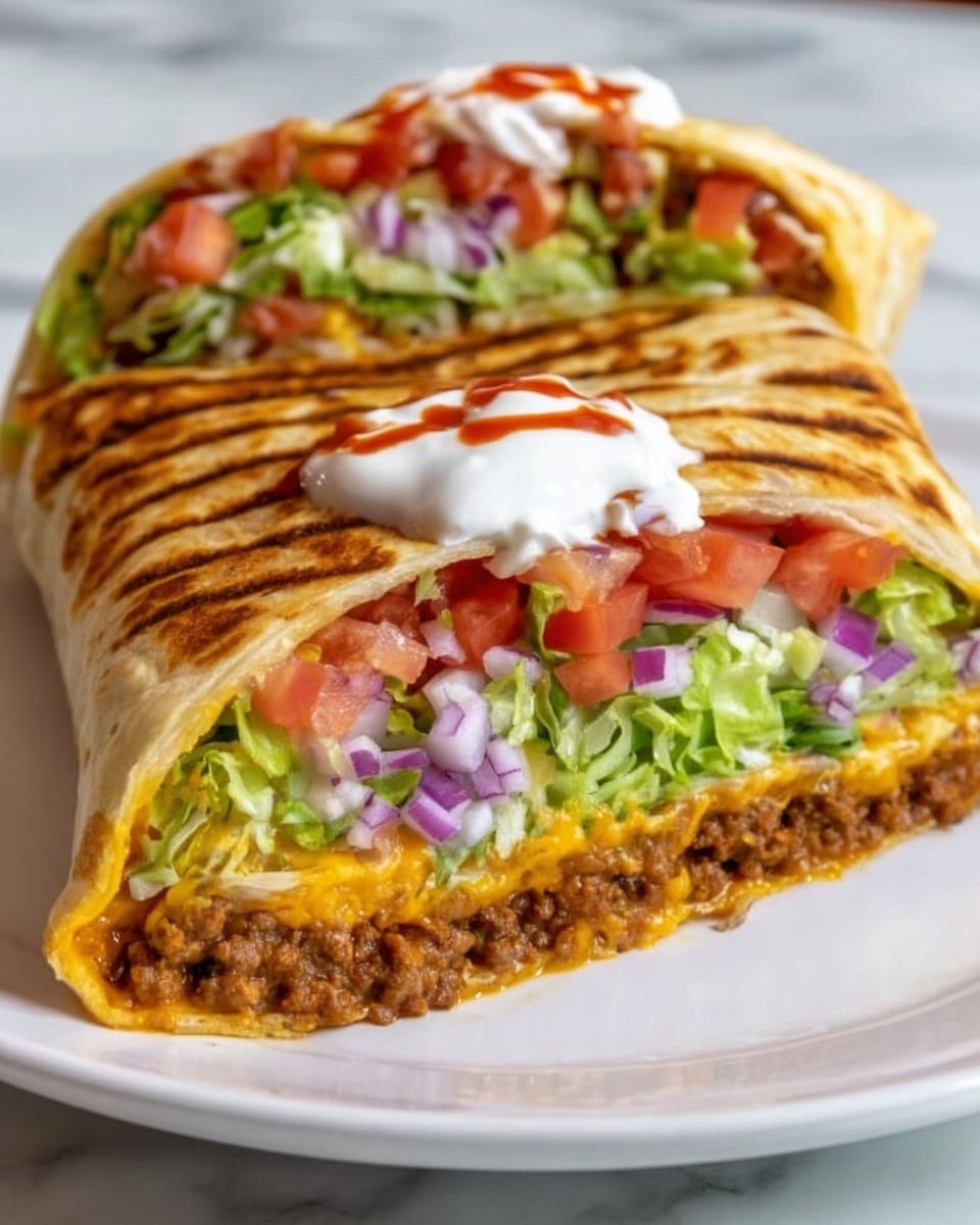 The image shows a cut wrap sandwich on a white plate, placed on a white marbled surface. The wrap is golden-brown and toasted, cut in half to reveal four visible layers inside: the bottom layer is melted yellow cheese mixed with cooked ground meat, above that is a layer of diced red tomatoes and finely chopped light purple onions, followed by a layer of fresh bright green lettuce, and topped with a dollop of white sour cream with a small drop of red sauce on it. The wrap halves are placed side by side, showing a clear cross-section of the colorful ingredients inside. photo taken with an iphone --ar 4:5 --v 7