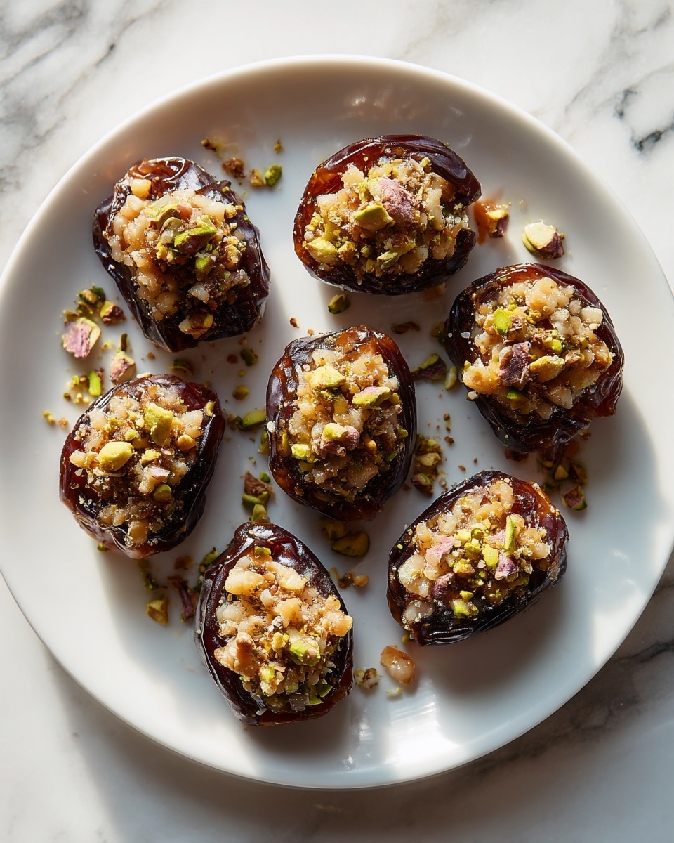 The image shows a white plate with several stuffed dates arranged closely together. Each date is dark brown, glossy, and slightly wrinkled, filled generously with a mixture of chopped nuts including walnuts and pistachios, creating a textured and crunchy topping. The nuts on top are light brown with bits of green pistachio pieces visible, adding color contrast. The plate is placed on a white marbled surface, and the lighting highlights the shiny texture of the dates and the roughness of the nut topping. photo taken with an iphone --ar 4:5 --v 7