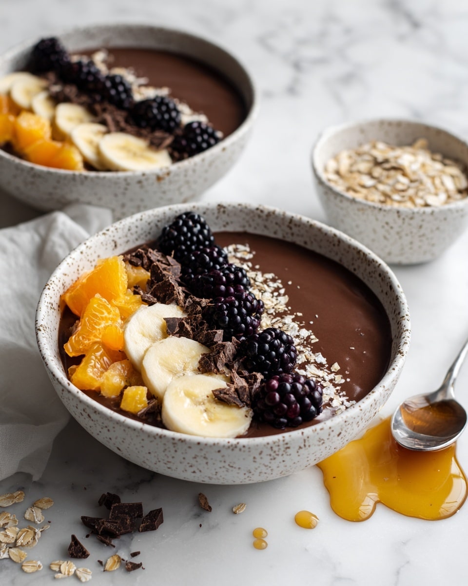 Two white bowls filled with a smooth chocolate base as the bottom layer are placed on a white marbled surface. On top of the base in each bowl are four different toppings arranged in separate sections: bright orange chunks of papaya, dark purple blackberries, creamy light-yellow banana slices, and a sprinkle of oats mixed with small dark pieces of nuts and chocolate. A shiny silver spoon with some caramel sauce rests beside the bowls, and a small white bowl filled with the oat and nut mixture is nearby, with some oats spilled on the surface. Photo taken with an iphone --ar 4:5 --v 7