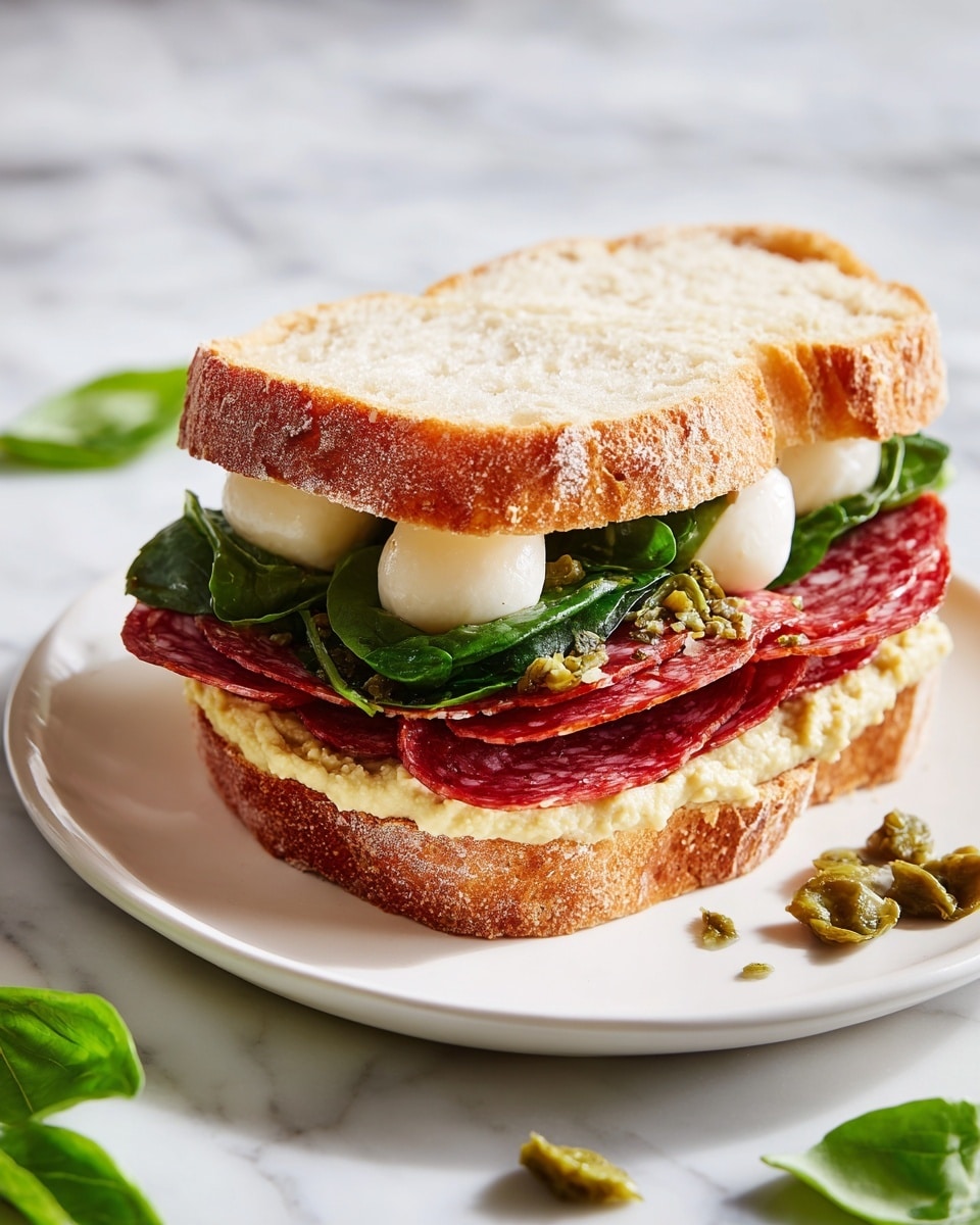 A sandwich on a white bread roll, cut in half horizontally, showing four main layers: at the bottom, a spread with a light orange color and a slightly creamy texture, topped with fresh green basil leaves; above that, two soft white balls of fresh mozzarella cheese; next, several thin slices of reddish-pink salami with small white fat spots, some folded to show texture; and finally, the top half of the bread roll, golden brown and lightly toasted. The sandwich is placed on a white plate with a few small green basil leaves and seeds scattered nearby, all set on a white marbled textured surface. photo taken with an iphone --ar 4:5 --v 7