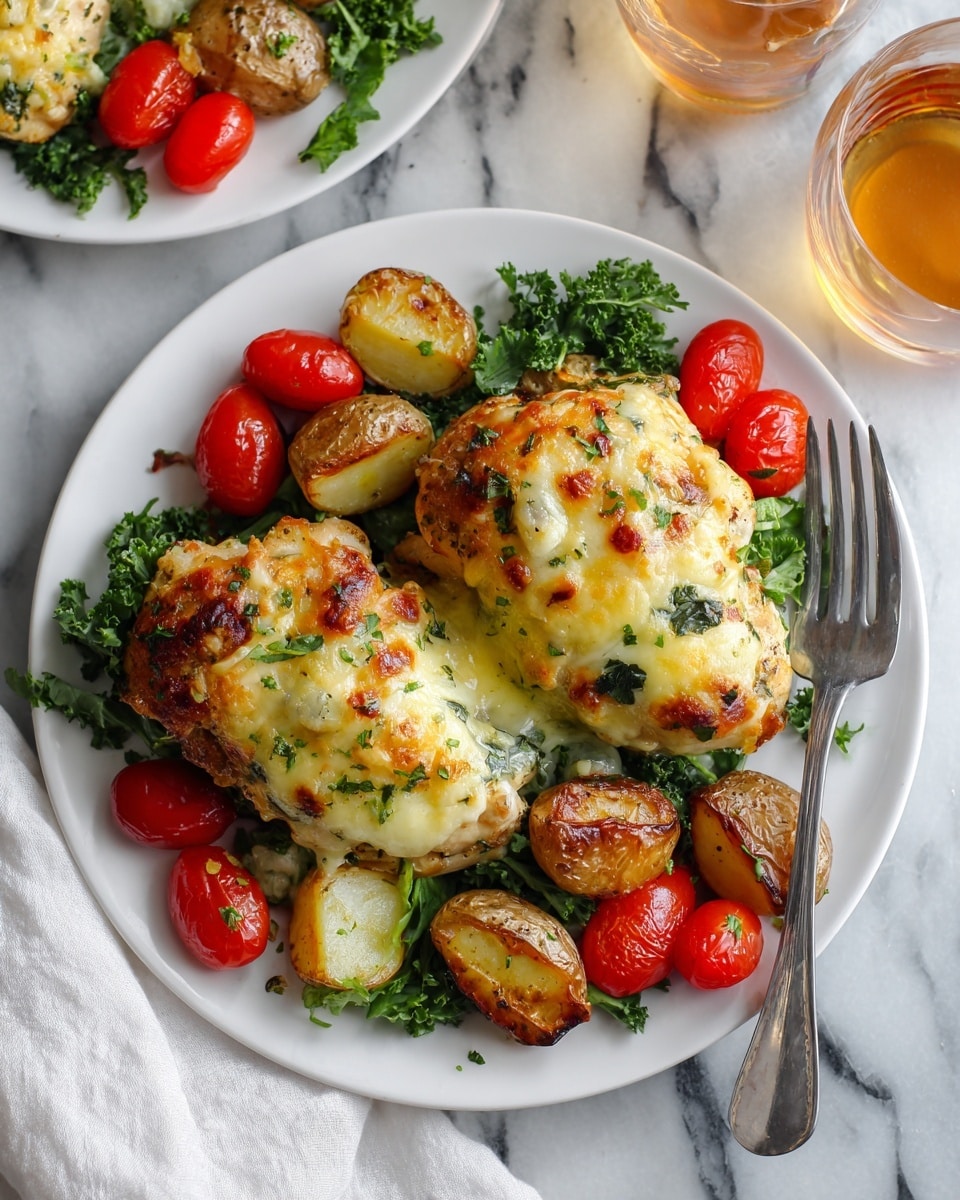 Two grilled chicken breasts with a golden yellow melted cheese topping sit on a bed of light brown roasted potato slices at the bottom center of a white plate. Bright green fresh parsley leaves surround the potatoes, adding a fresh color contrast. Around the chicken, there are bright red halved cherry tomatoes, some whole and some sliced. The chicken texture is moist and slightly charred with herbs visible in the cheese. To the side on the plate, a silver fork rests, and the plate is placed on a white marbled surface with a glass of amber-colored drink nearby in the background. Photo taken with an iphone --ar 4:5 --v 7