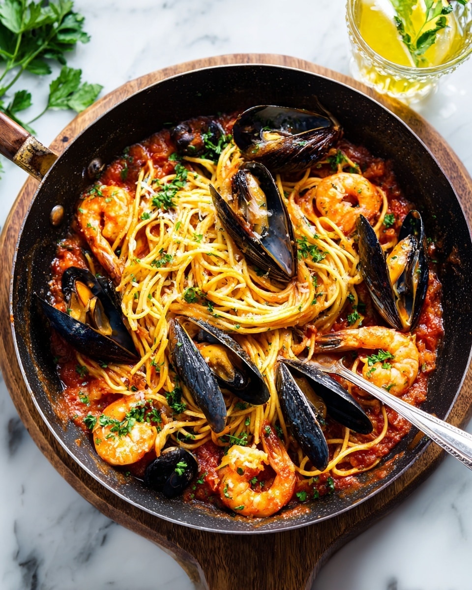 A black pan filled with a layered seafood pasta dish sits on a wooden board atop a white marbled surface. The bottom layer consists of a rich, chunky red tomato sauce, visible along the edges. Light golden spaghetti strands are spread roughly through the sauce, some curling upward. Placed on top are large, bright orange shrimp with curled tails, and shiny black mussels, some slightly open showing the soft orange inside. Fresh green parsley leaves are scattered on the shrimp and mussels for a fresh contrast. A metal spoon rests inside the pan, and a blurred glass jar with yellow liquid is in the background with green leaves behind. photo taken with an iphone --ar 4:5 --v 7
