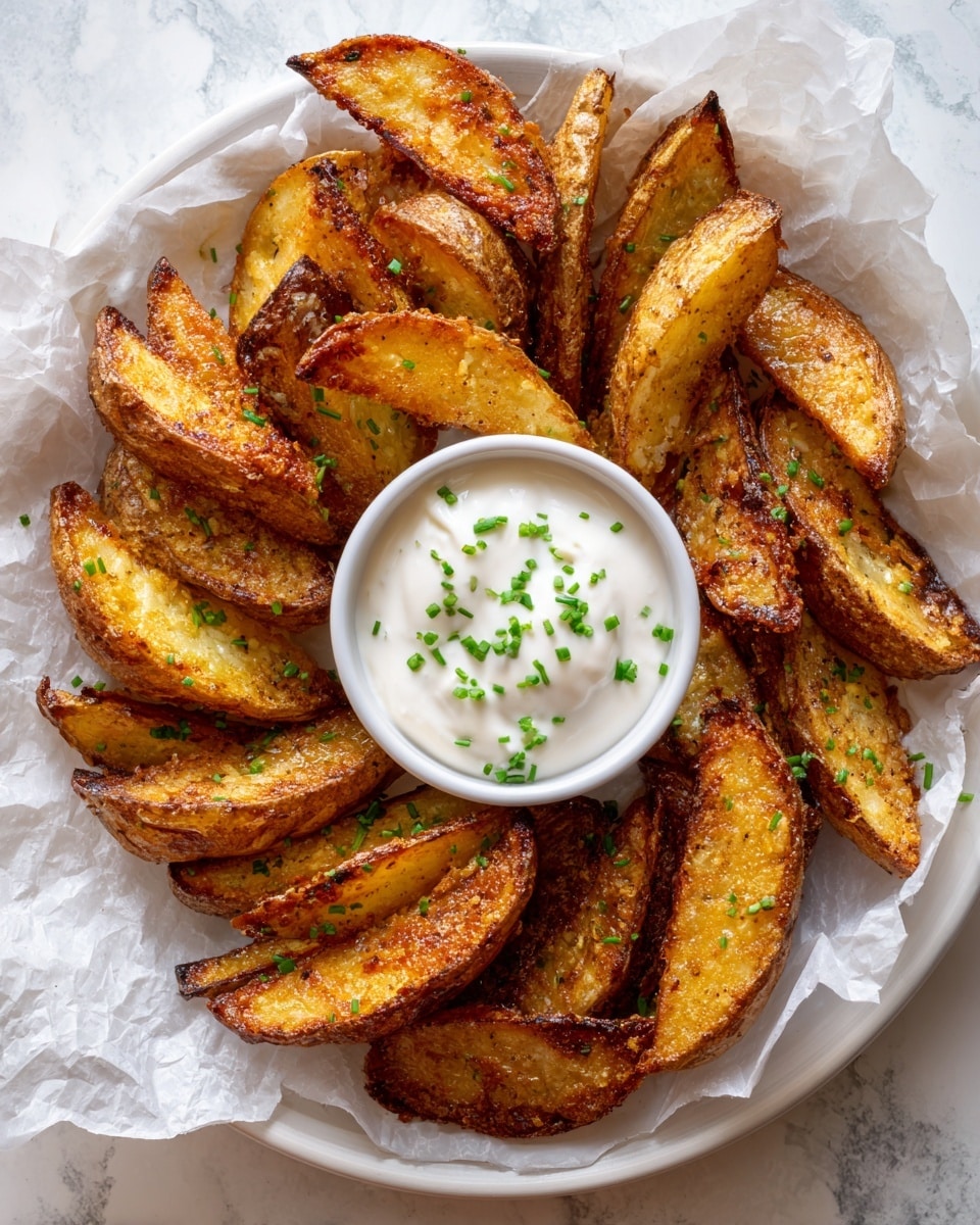 A round white plate lined with crumpled white parchment paper holds a large pile of golden brown potato wedges, each with a crispy, slightly rough texture and browned edges. In the center of the plate, a small black bowl filled with a smooth, white sour cream dip is topped with small green chive pieces, adding color contrast. The plate sits on a white marbled surface that enhances the warm tones of the potato wedges. photo taken with an iphone --ar 4:5 --v 7
