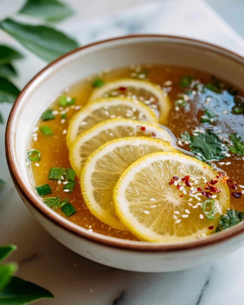 A close-up view of a bowl of clear broth soup with a warm golden brown color. The soup has two thin lemon slices floating near the surface, topped with chopped green onions, fresh green cilantro leaves, and a sprinkle of sesame seeds and red chili flakes. The bowl is white with a rustic brown speckled edge, sitting on a white marbled textured surface with hints of fresh lemon wedges and green herbs in the background. The soup looks fresh and flavorful with a mix of bright green and yellow colors against the rich broth. photo taken with an iphone --ar 4:5 --v 7