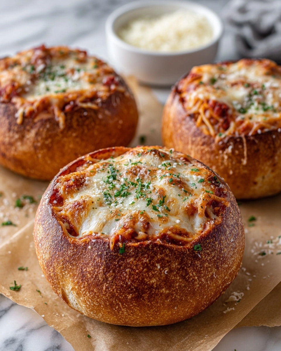 Three round bread bowls with a golden-brown crust serve as the base layer, each hollowed out inside. The middle layer is a generous filling of spaghetti coated in red tomato sauce, packed inside the bread bowls. The top layer is melted white cheese that covers the pasta, slightly browned in spots, sprinkled with finely chopped green herbs and some grated cheese bits. The bread bowls sit on brown parchment paper, with some chopped herbs scattered around, all placed on a white marbled surface. In the background, a white bowl is slightly out of focus. photo taken with an iphone --ar 4:5 --v 7