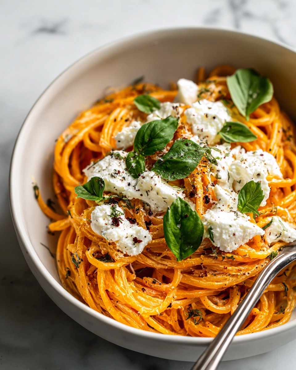 A plate of creamy orange pasta with thick strands of spaghetti coated in a smooth sauce sits in the center. On top, there are several dollops of soft white cheese with a slightly melted texture and small sprinkles of black pepper. Fresh green basil leaves are scattered evenly over the dish, adding bright color contrast. The pasta is served on a round white plate placed on a white marbled surface. Photo taken with an iphone --ar 4:5 --v 7