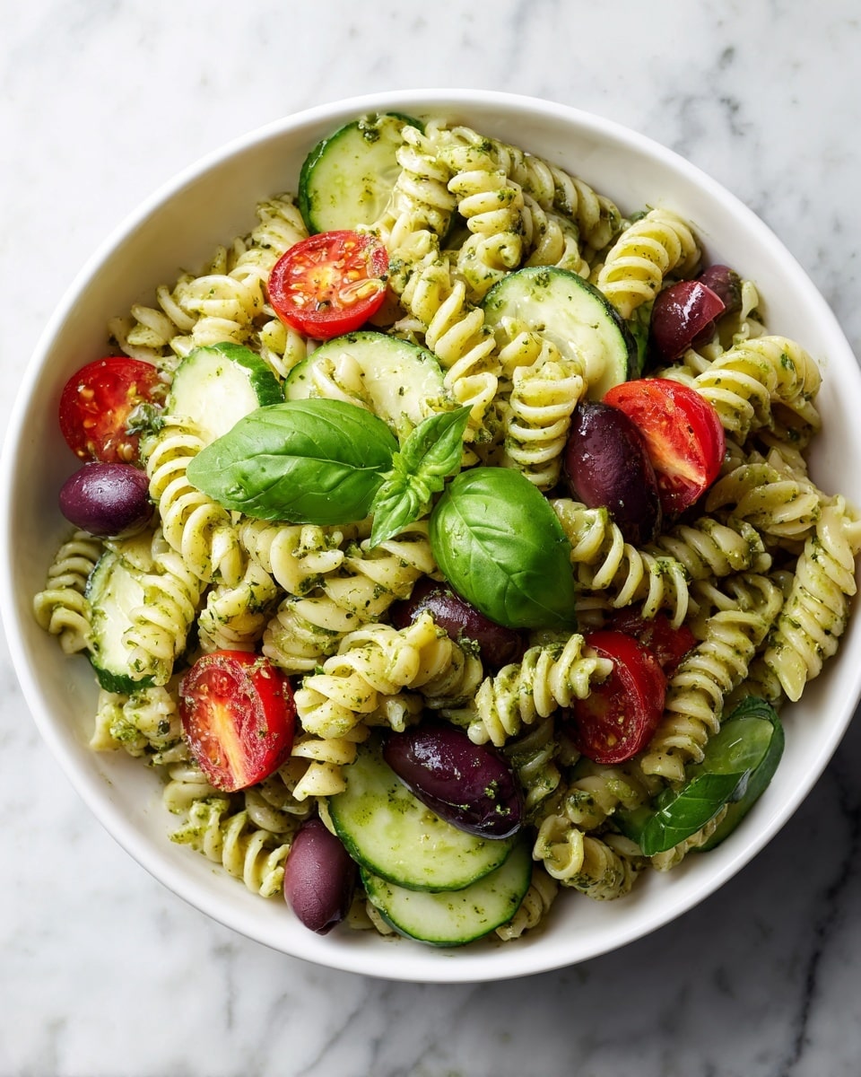 In a white bowl, there is a colorful pasta salad made with spiral-shaped pasta coated in a light green pesto sauce. The salad includes sliced cucumbers with a pale green skin, halved cherry tomatoes in bright red, and dark purple olives scattered throughout. Fresh green basil leaves are placed on top, adding a vibrant touch. The bowl sits on a white marbled surface. Photo taken with an iphone --ar 4:5 --v 7