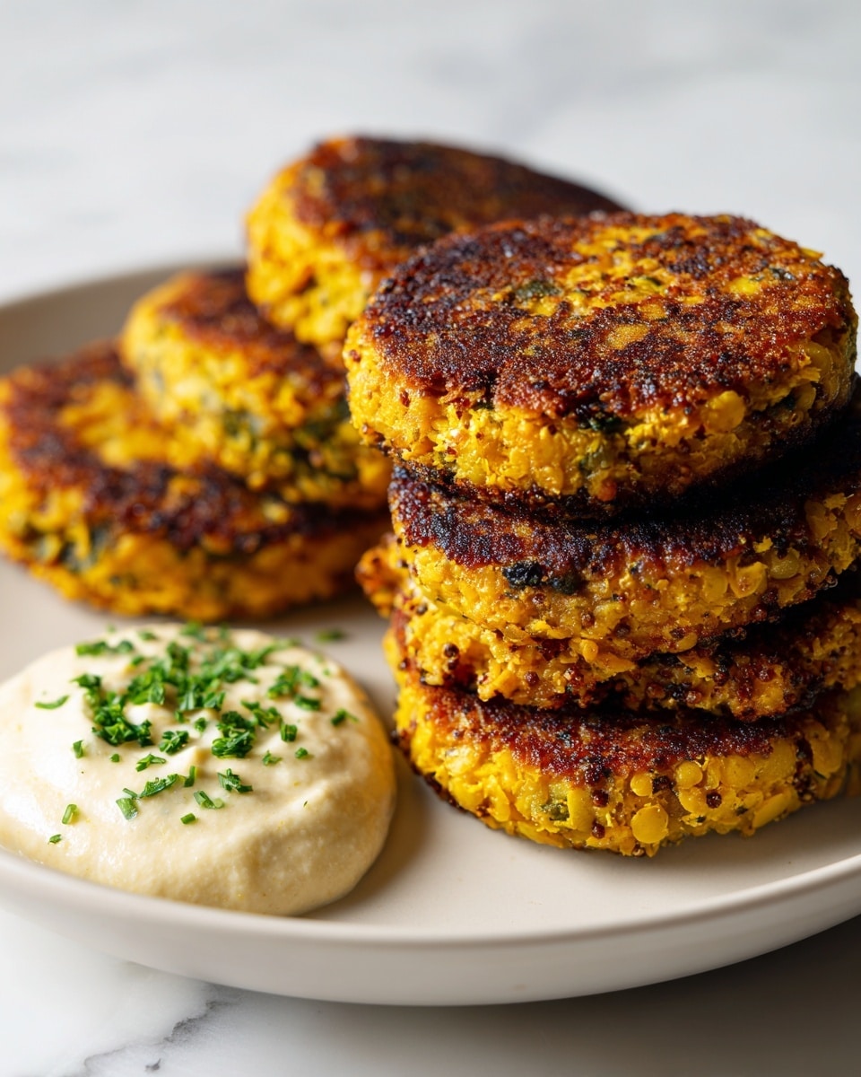 The image shows five round patties made from orange lentils with visible green herbs mixed inside, each patty having a crispy, golden-brown crust on the top and bottom layers with a soft, textured orange interior. The patties are stacked slightly on a white plate, forming one layer with some overlapping. In the center of the plate is a dollop of creamy white sauce topped with small green herb pieces, adding contrast to the orange patties. The plate sits on a surface with a white marbled texture, and the lighting highlights the crunchy texture and vibrant colors of the food. photo taken with an iphone --ar 4:5 --v 7