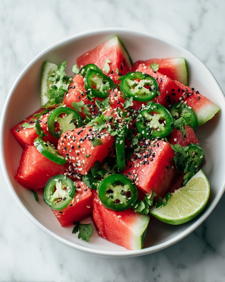 A white bowl filled with several triangular slices of red watermelon with green rind, layered evenly around the bowl. On top, there are thin round slices of bright green jalapeño peppers scattered, mixed with chopped green herbs, likely cilantro, along with small bits of white onion or garlic. The watermelon is sprinkled with black pepper and white sesame seeds, giving a textured contrast on the red flesh. The bowl sits on a white marbled surface, and in the background on the right, there is a half slice of lime. photo taken with an iphone --ar 4:5 --v 7