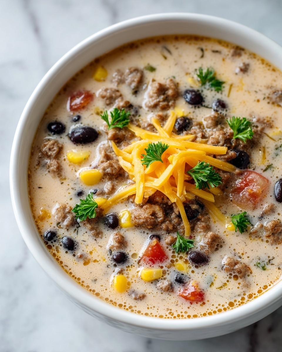 A close-up image of a creamy soup in a white bowl set on a white marbled surface. The soup has a light beige base with visible small chunks of browned ground meat, black beans, and yellow corn. Bright orange shredded cheese sits in the center, topped with small green cilantro leaves. Pieces of red tomato are scattered near the edges, adding color contrast. The texture appears thick and smooth with a mix of soft ingredients. photo taken with an iphone --ar 4:5 --v 7