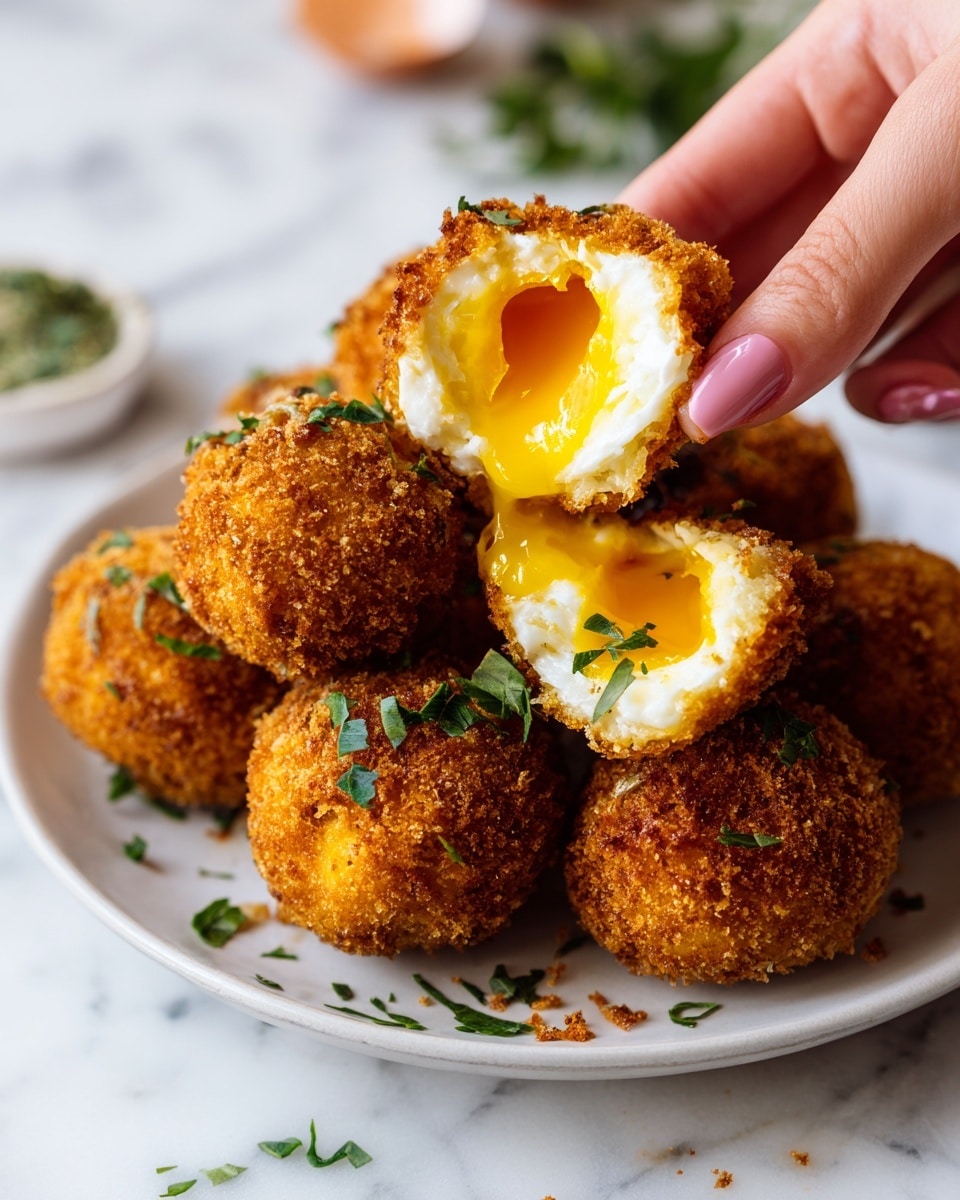 The image shows a close-up of a crispy golden-brown fried snack with a crunchy texture on the outside. It is cut open to reveal a creamy white inside with a soft cooked egg yolk that is warm and slightly runny, flowing out gently. Small green herbs are sprinkled on top of the snack, adding a fresh touch of color. The snacks are placed on a white marbled surface, and a woman's hand is holding the open piece to show the inside clearly. Photo taken with an iphone --ar 4:5 --v 7