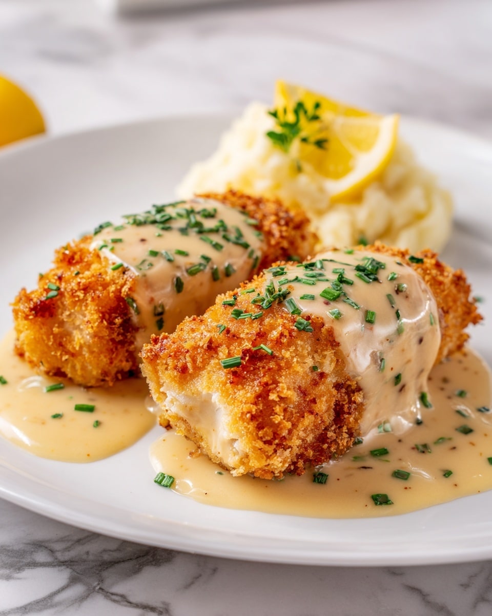 The image shows a close-up of two crispy golden-brown fried chicken cutlets placed side by side on a white plate. The cutlets have a crunchy, textured coating with a mix of darker and lighter brown areas, indicating a well-fried crust. A creamy white sauce with visible herbs is generously poured over the top of the cutlets, creating a smooth contrast to the crispy surface. Bright green chopped herbs are sprinkled over the sauce and cutlets, adding a fresh pop of color. In the background, blurred lemon wedges can be seen. The plate rests on a white marbled surface. Photo taken with an iphone --ar 4:5 --v 7