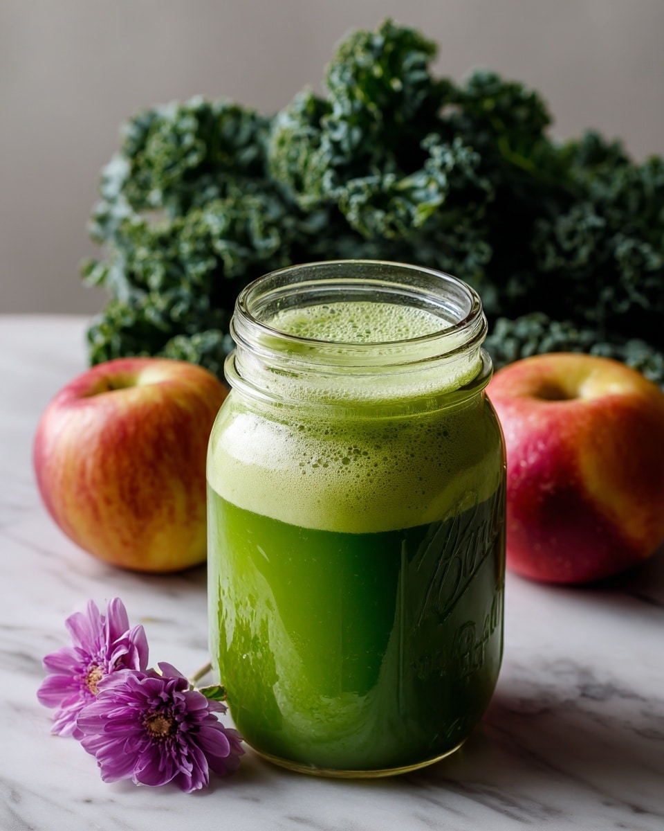 A clear glass mason jar filled with creamy green smoothie that has a smooth, slightly frothy top layer, sitting on a white marbled surface. Behind the jar, there is dark green leafy kale on the left side and a red apple with a peeled partially section on the right, along with a few slices of a light yellow apple. On the surface near the jar's base are small yellow flower petals and a single light purple flower lying on its side next to the jar. The background is plain and neutral, highlighting the vibrant colors of the drink and the fresh ingredients photo taken with an iphone --ar 4:5 --v 7