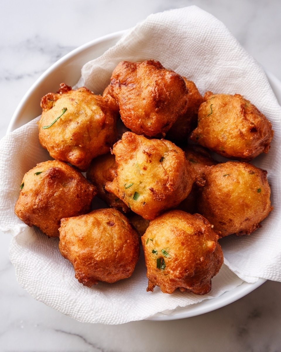 The image shows a white bowl filled with golden brown fritters that have a rough, crispy texture. There are about ten fritters piled closely together, each with an irregular shape and some green herb bits visible in the batter. The bowl is lined with white paper towels that absorb excess oil. The bowl is placed on a white marbled surface with a blue cloth partially visible in the background. The warm light highlights the crispiness and color of the fritters. photo taken with an iphone --ar 4:5 --v 7