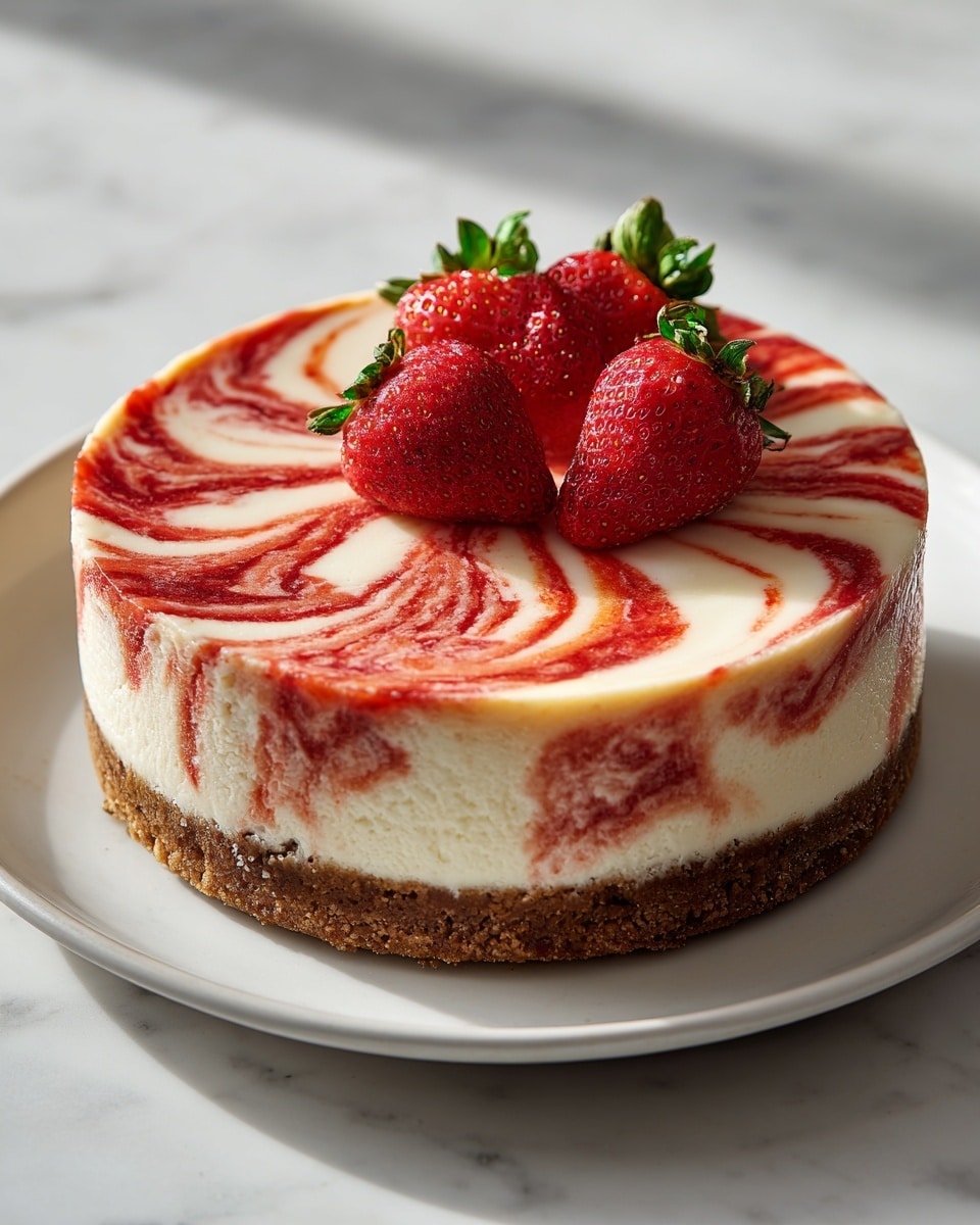 The image shows a round cheesecake with three main layers. The bottom layer is brown and crumbly, resembling a graham cracker crust, followed by a thick white cream cheese layer in the middle, and a smooth top layer with swirled red and white patterns. Three fresh, bright red strawberries with green leaves sit on top of the cheesecake near the center. One slice is cut out, showing the clear separation of the layers. The cheesecake is placed on a white plate with a glossy finish, set on a white marbled surface. photo taken with an iphone --ar 4:5 --v 7
