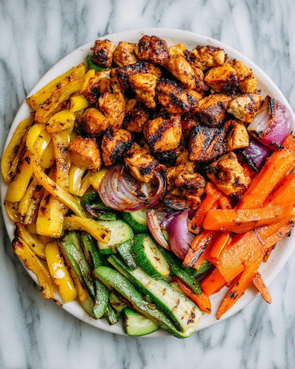 A white bowl filled with grilled chicken pieces that are golden brown with light grill marks, mixed with colorful roasted vegetables including red and yellow bell peppers, green zucchini chunks, and purple onion pieces. The vegetables and chicken are cut into bite-sized pieces, layered together evenly, showing a mix of vibrant colors and slightly charred textures. The bowl sits on a smooth white marbled surface. photo taken with an iphone --ar 4:5 --v 7