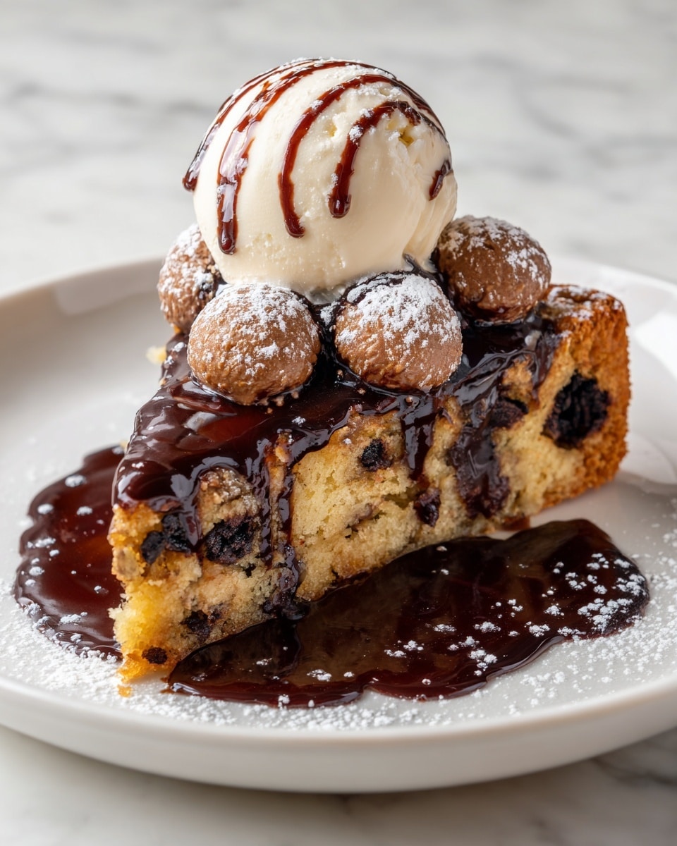 A single square piece of light golden brown cake with dark chocolate chips inside, topped with a scoop of creamy white vanilla ice cream that has a dollop of dark chocolate sauce on top. Around the cake and ice cream, glossy dark chocolate sauce is pouring down, pooling on the white plate underneath. Small round chocolate-covered pieces dusted with white powdered sugar are scattered over the cake. The scene is set on a white marbled surface. Photo taken with an iphone --ar 4:5 --v 7