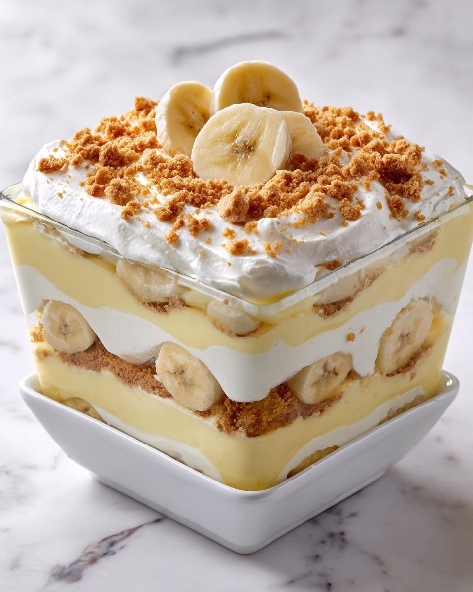 A white bowl filled with a layered dessert featuring slices of yellow banana at the bottom, topped with creamy, smooth pudding in a light yellow color. Above the pudding is a thick layer of whipped cream with a fluffy texture, sprinkled with golden-brown crushed cookies or crumbs. One slice of banana rests on top of the whipped cream as a garnish. The bowl is set on a white marbled surface. Photo taken with an iphone --ar 4:5 --v 7