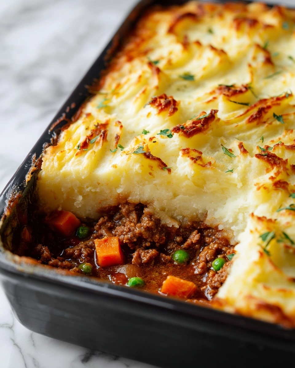 A close-up of a baked shepherd's pie in a dark casserole dish, showing a thick top layer of golden-brown mashed potatoes with a slightly crispy texture and sprinkled with small green herb leaves. Underneath the mashed potatoes, there is a rich layer of cooked ground beef mixed with bright green peas and diced orange carrots in a savory sauce. The dish is set on a white marbled surface, with the top layer unevenly browned, showing some peaks and valleys of the mashed potato. photo taken with an iphone --ar 4:5 --v 7