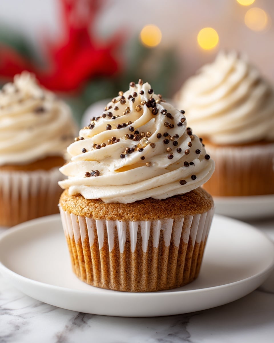 A close-up view of a single cupcake with a golden brown base that is moist and slightly shiny, wrapped in a white liner. On top, there are two thick layers of creamy white frosting swirled smoothly into a tall spiral shape, sprinkled with fine brown and black specks that look like spice or sugar crystals. Behind the main cupcake, two more cupcakes with similar frosting and liners are softly blurred against a background of warm, out-of-focus lights and red ornaments. All cupcakes are placed on a white marbled surface. photo taken with an iphone --ar 4:5 --v 7