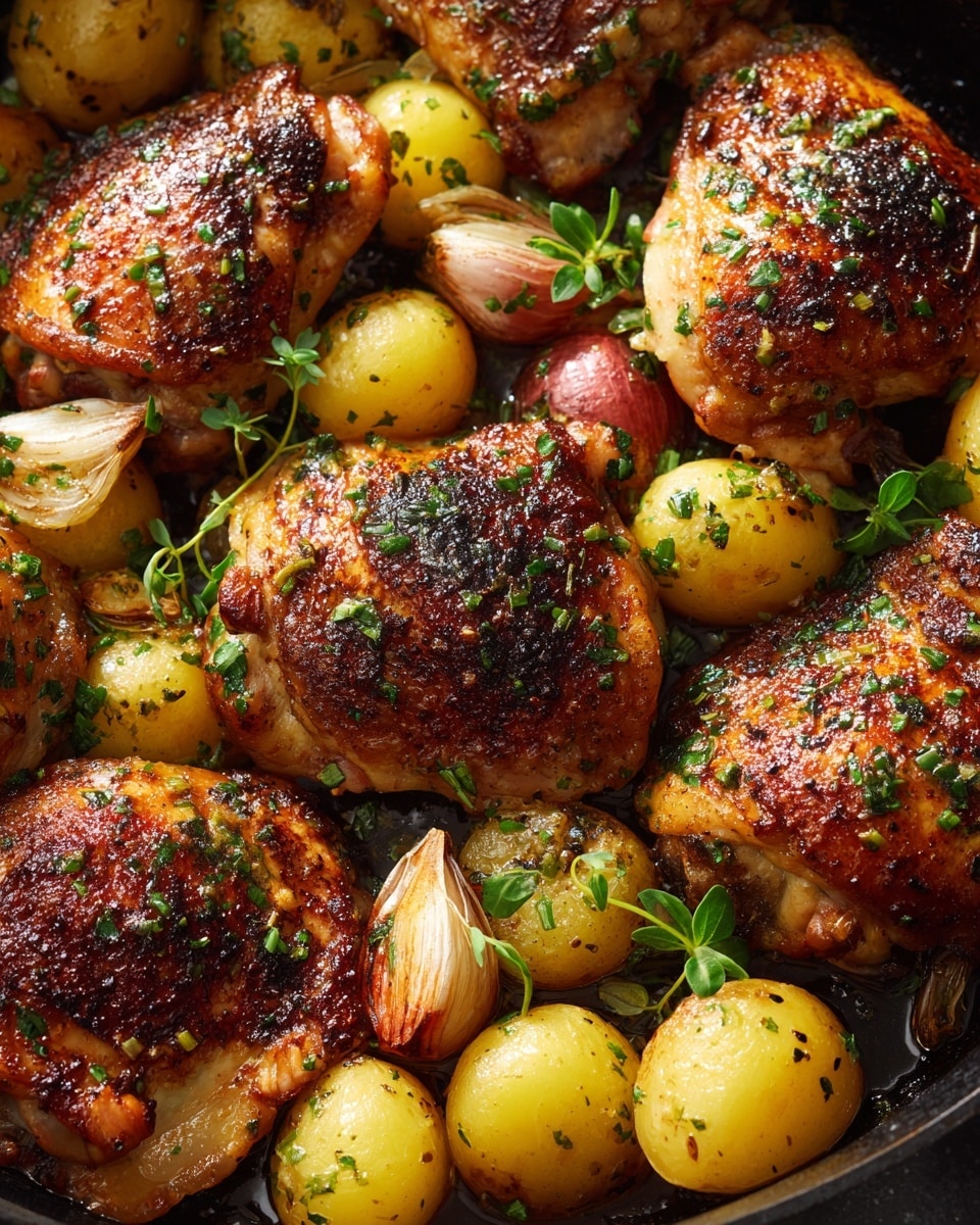 The dish is a close-up of baked chicken thighs and halved baby potatoes in a black pan, all coated with herbs and spices. There are about five browned chicken pieces, each with a crispy, golden-brown skin, and small green herb sprigs on top. The potatoes are yellow with browned edges and scattered around the chicken, mixed with small whole garlic cloves. The surface has a shiny, lightly oily texture that shows they are well-cooked and juicy. The whole scene sits on a white marbled texture. photo taken with an iphone --ar 4:5 --v 7