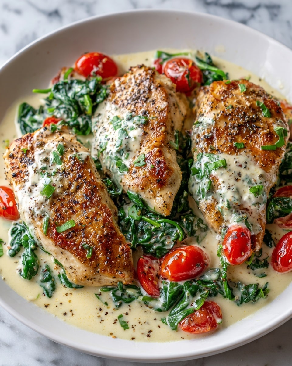 The image shows three pieces of cooked chicken breast on a white plate, each piece covered with a creamy white sauce speckled with green spinach leaves and small bits of black pepper. The closest chicken piece has a golden-brown sear with visible herbs and is topped with halved red cherry tomatoes and sauce, while additional cherry tomato halves and spinach leaves surround the chicken, all resting in the creamy sauce that pools on the plate. The background is a white marbled texture. Photo taken with an iphone --ar 4:5 --v 7