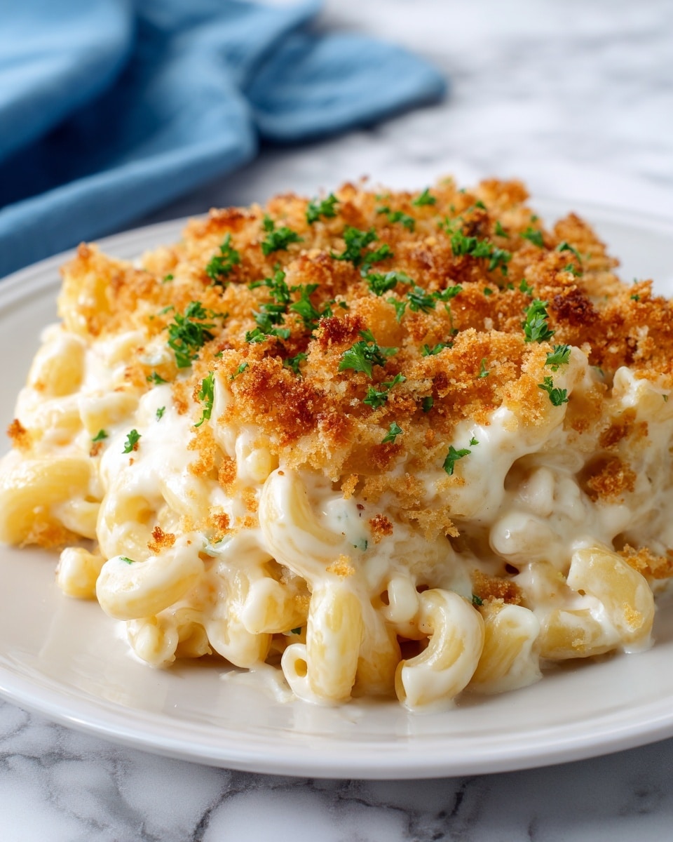 The dish shows a creamy macaroni and cheese on a white plate, resting on a white marbled surface. The bottom layer consists of cooked elbow macaroni, coated thickly in a smooth, white cheese sauce. The top layer is a golden brown crumbly breadcrumb crust that is slightly crisp with bits of green parsley sprinkled evenly over it. The macaroni is piled in a loose mound in the center of the plate, and the creamy sauce drips softly around some pieces. photo taken with an iphone --ar 4:5 --v 7