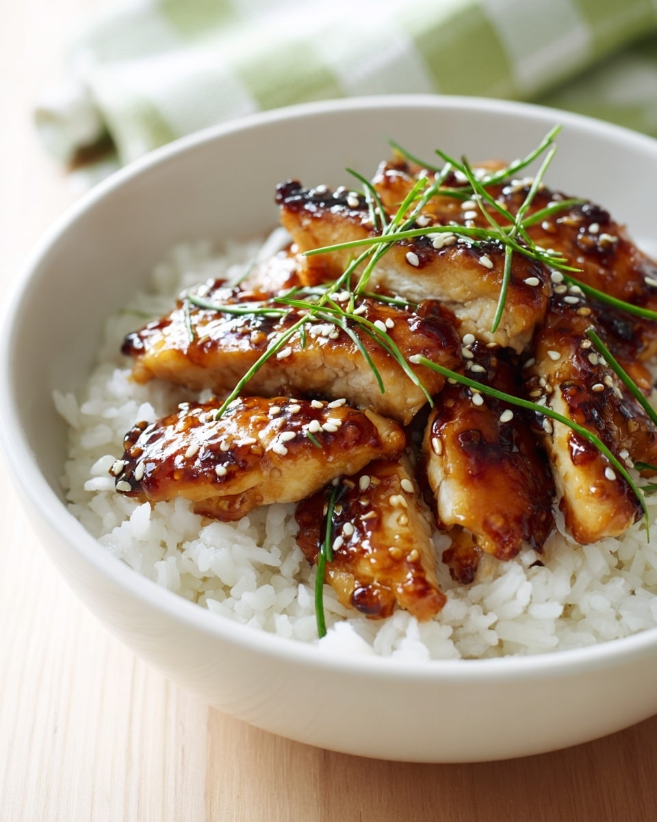A close-up view of a white bowl filled with two main layers: on the left side, there are golden-brown glazed chicken pieces with a shiny texture coated in a sticky, dark amber sauce, sprinkled with black and white sesame seeds and small green herb bits; on the right side, there is a fluffy layer of white rice topped with a few scattered black sesame seeds and tiny green herb pieces. The bowl sits on a light wood surface. Photo taken with an iphone --ar 4:5 --v 7