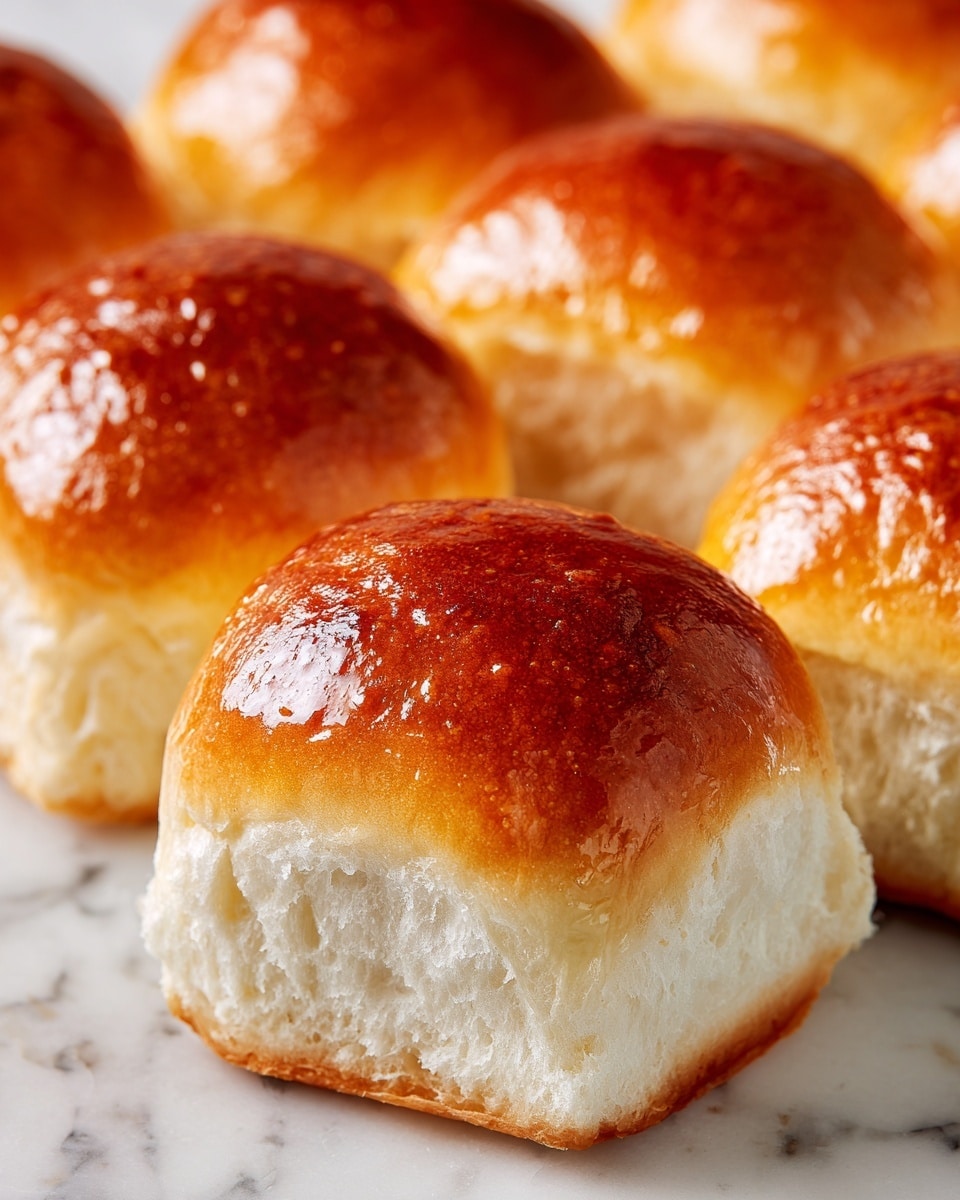 The image shows a close-up of soft, shiny bread rolls with a golden-brown top layered smoothly, and a fluffy, white, airy inside. The rolls are placed close together on a white marbled surface, showing their light texture and slightly glossy crust from a possible butter glaze. The background is blurred with similar bread rolls visible, creating a warm and inviting look. Photo taken with an iphone --ar 4:5 --v 7