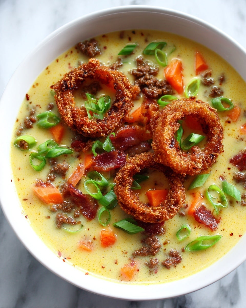 A bowl of creamy soup with a thick, smooth texture fills the white bowl. The soup is light yellow with small orange cubes of vegetables mixed in. On top, there are pieces of cooked ground meat, crispy bacon bits, and chopped green onions sprinkled all around. Three golden-brown onion rings rest on the surface, evenly spaced. The background is a white marbled texture. Photo taken with an iphone --ar 4:5 --v 7