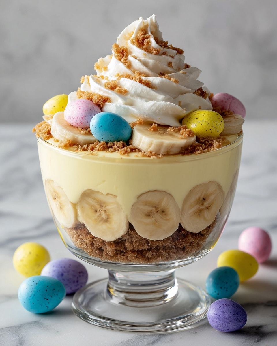 A clear glass holds a layered dessert with four main parts. At the bottom, there is a thick, light brown crumb layer. Above that, there is a smooth, pale yellow custard layer. The third layer consists of evenly sliced banana pieces forming a circle around the inside edge of the glass, sitting just above the custard. Another thick layer of the same pale yellow custard covers the bananas. The top is decorated with a thick swirl of white whipped cream, small pastel-colored candy eggs in blue and pink, a few banana slices on one side, and some crushed crumbs sprinkled nearby. The glass sits on a white marbled surface. Photo taken with an iphone --ar 4:5 --v 7