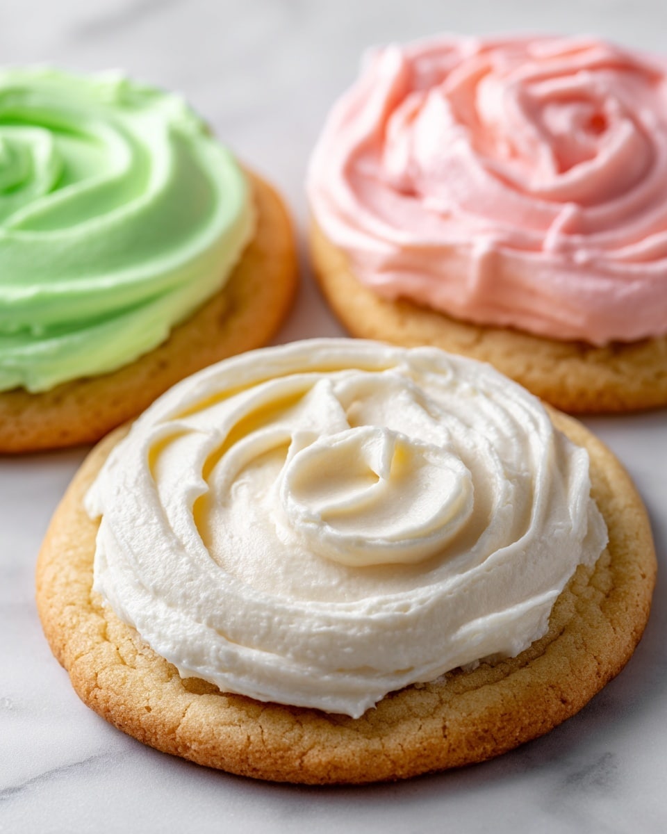 A close-up of three round cookies with thick, swirled frosting on top, each with different colors: white frosting on the closest cookie in the front, pale pink frosting on the cookie in the back right, and light blue frosting on the cookie in the back left. The cookies are light golden brown with a soft texture, and the frosting looks smooth and creamy with a gentle spiral pattern. They are placed on a white marbled surface, with soft natural lighting highlighting the textures of the frosting and cookies. Photo taken with an iphone --ar 4:5 --v 7