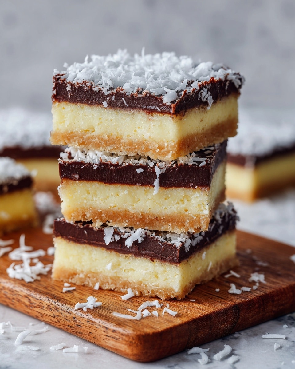 The image shows two square dessert bars stacked on top of each other on a wooden board with more bars in the background. Each bar has three clear layers: a bottom layer of white, smooth coconut base; a middle thin layer of dark chocolate; and a top golden brown toasted coconut layer sprinkled with white shredded coconut. The close view highlights the texture differences between the soft coconut layers and the firm chocolate layer, with some shredded coconut pieces scattered around. Photo taken with an iphone --ar 4:5 --v 7
