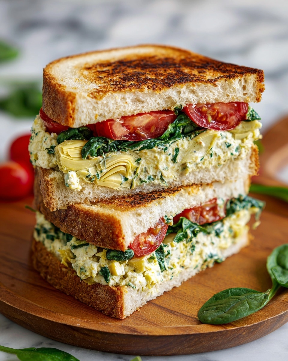 A sandwich cut in half sits on a round wooden board with a white marbled texture underneath, showing four layers inside. The top and bottom layers are toasted white bread with a golden-brown crispy texture. Below the top bread, there is a layer of sliced bright red tomatoes with a slight shine from moisture. Underneath the tomatoes is a thick pale green layer of artichoke hearts with a soft, somewhat fibrous texture. The next layer is creamy and chunky, light orange with visible bits of green leafy spinach and small pieces of purple onion mixed in. photo taken with an iphone --ar 4:5 --v 7