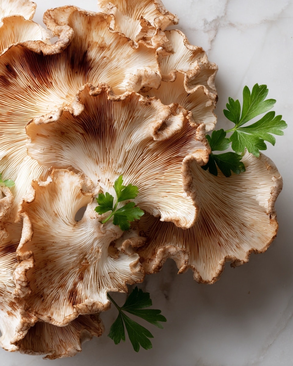 A close-up view of a pile of light brown oyster mushrooms with ruffled, textured edges and soft, creamy gills on the underside, placed loosely on a white marbled surface; small green parsley leaves are scattered gently on top for contrast, giving the mushrooms a fresh look. photo taken with an iphone --ar 4:5 --v 7