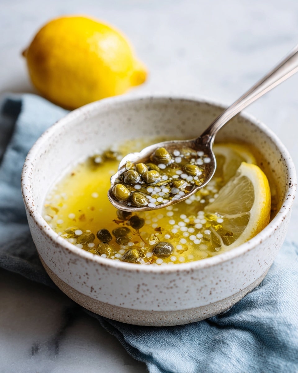 A white bowl filled with a light yellow, clear liquid soup that has small dark green capers scattered throughout and a few small white pearl-like beads floating. Inside the bowl, there are thin slices of bright yellow lemon slightly submerged in the broth. A silver spoon, partly inside the bowl with its handle resting on the edge, holds a heap of dark green capers. The bowl is placed on a dark surface with a gray cloth beside it and blurred green leaves and a yellow lemon in the background. photo taken with an iphone --ar 4:5 --v 7