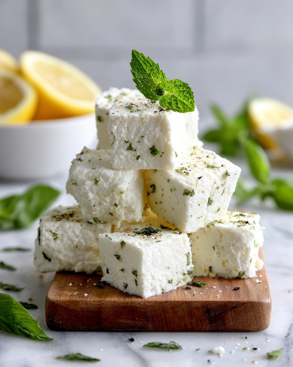 The image shows a stack of white cheese cubes with green herbs sprinkled all over them. The cubes are arranged in a loose pile on a wooden board, with some fresh green mint leaves placed on top as decoration. The cheese has a soft, slightly crumbly texture and small green and black specks spread evenly through each piece. In the background, there is a white bowl with slices of lemon and some whole green leaves scattered around on a white marbled surface. photo taken with an iphone --ar 4:5 --v 7