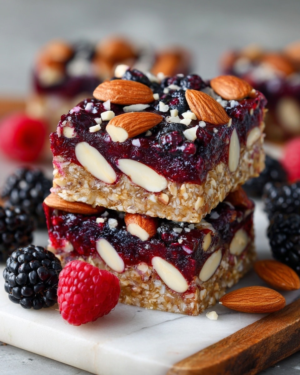 Two stacked berry and nut bars resting on a wooden board, each bar showing three layers: a bottom layer of compact light brown oats and nut mix, a middle glossy dark purple berry jam layer swirled with nuts inside, and a top layer covered with whole and sliced almonds, fresh raspberries, and blackberries embedded in a shiny purple jam. One bar is leaning on the other, revealing the dense inner texture and nuts inside. The background has a white marbled texture with scattered berries around. Photo taken with an iphone --ar 4:5 --v 7