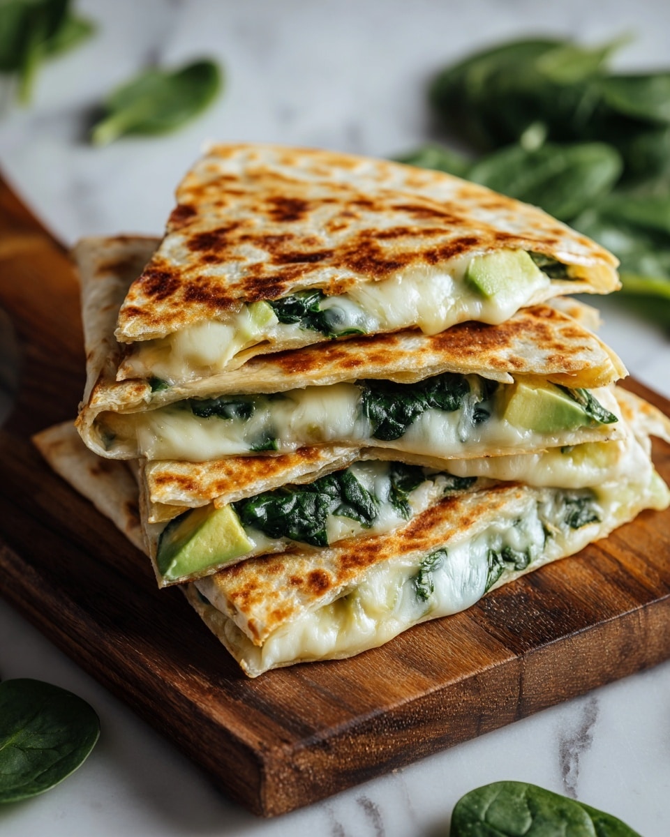A stack of two folded quesadillas cut into four wedges, each showing two visible layers: the top and bottom layers are golden-browned tortillas with toasted dark brown spots, and the middle layer is a creamy mixture of melted cheese and dark green spinach, slightly oozing out. The quesadillas are placed on a wooden surface with a slightly rough texture, and some green spinach leaves are blurred in the background. photo taken with an iphone --ar 4:5 --v 7