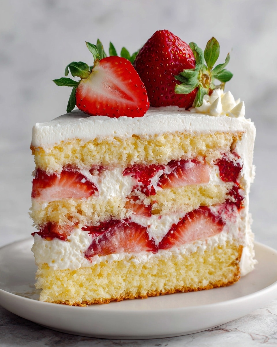 A slice of strawberry shortcake sits on a white plate with a white marbled texture background. The cake has three main layers: the bottom layer is light yellow sponge cake; above it is a creamy white layer filled with sliced red strawberries embedded within; the second sponge cake layer sits on top; and it is topped with a thick, smooth layer of white cream. On the very top, there are two whole bright red strawberries with green leaves, one strawberry cut in half showing its juicy red inside. The textures range from soft crumbly cake to smooth cream and fresh, slightly glossy strawberries. Photo taken with an iphone --ar 4:5 --v 7
