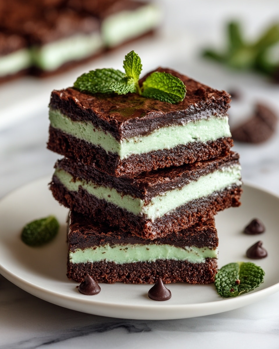 Two square brownies are stacked on a white plate set on a white marbled surface. Each brownie has three layers: a dark brown, moist-looking chocolate base, a middle layer of pale green, creamy filling, and a top layer of a lightly cracked, shiny chocolate crust. A small green mint leaf sits on top of the upper brownie as decoration. Around the plate, small chocolate chips and fresh mint leaves add extra detail to the scene. The photo taken with an iphone --ar 4:5 --v 7