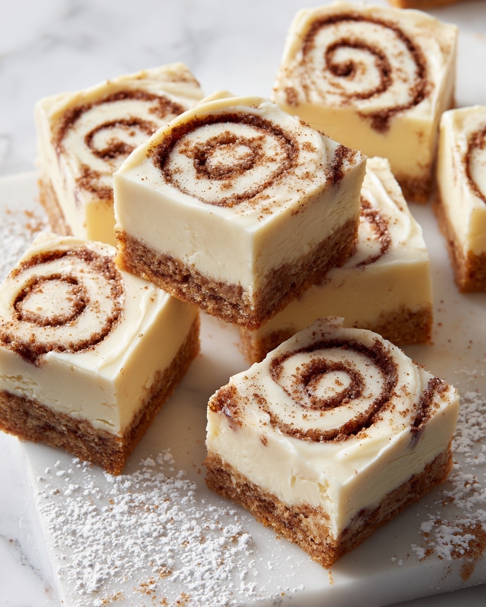 The image shows several square pieces of a dessert that looks like cinnamon rolls with a creamy, white icing layer covering them. Each piece has two visible layers: a thick, smooth off-white icing layer on the outside and a darker brown cinnamon swirl layer inside, forming spiral patterns on the top surface. The edges of the dessert pieces show small speckles of cinnamon powder. The squares are arranged closely together on a white marbled surface dusted with powdered sugar, with two squares stacked on top of each other in the center. Photo taken with an iphone --ar 4:5 --v 7