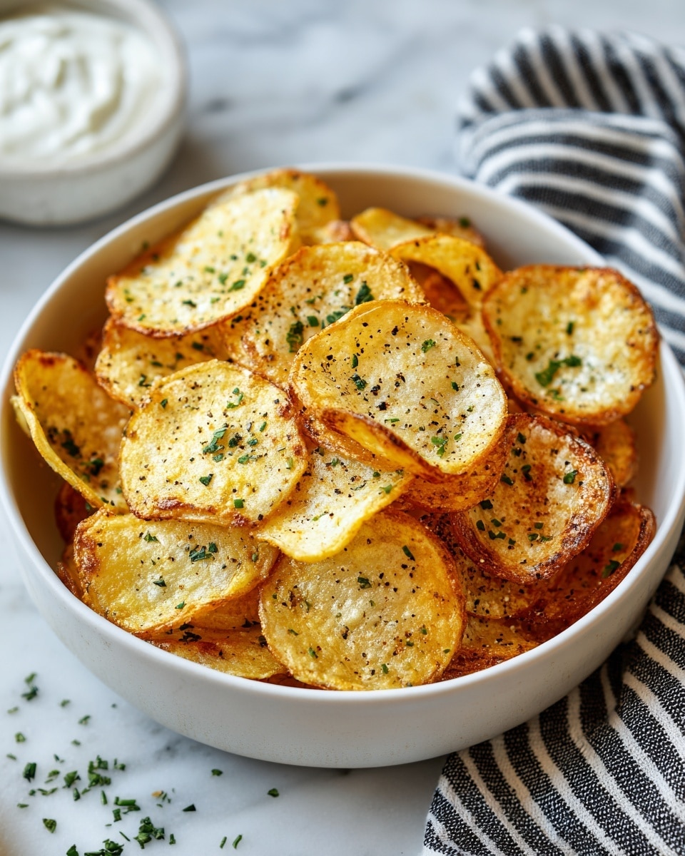 A white bowl is filled with multiple layers of round, thin, golden-brown chips with slightly crispy edges. Each chip has a light, creamy white center with a textured surface, sprinkled with black pepper and small green herb pieces on top. The bowl sits on a white marbled surface, with some chopped herbs scattered nearby, and a striped black and white cloth is partially visible on the right side. Behind the bowl, there is a small white bowl filled with a white creamy dip. Photo taken with an iphone --ar 4:5 --v 7