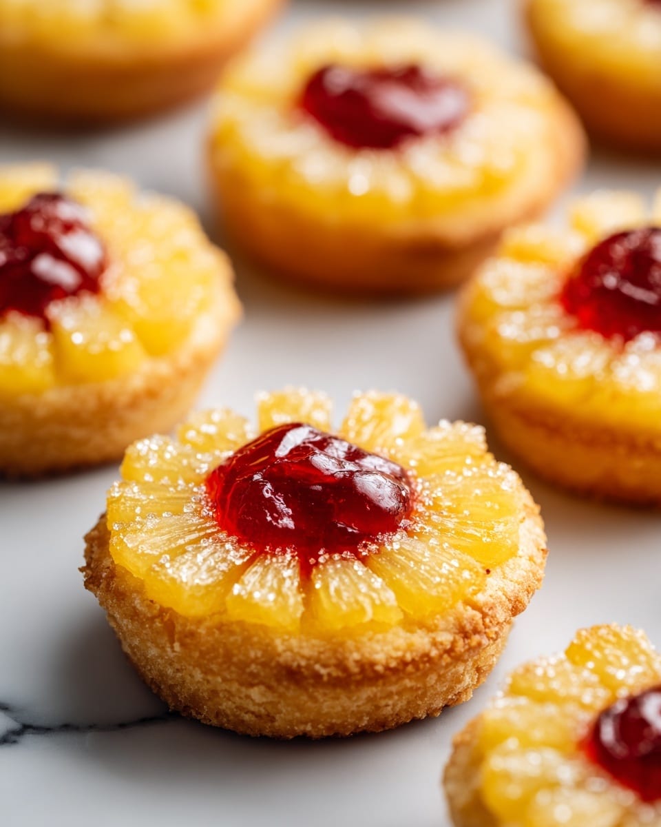 The image shows several small round treats stacked in a pile on a white plate, each treat having three visible layers: the bottom is a golden yellow cookie with a sugary texture, the middle layer is a red jam spread thickly, and the top layer is a bright yellow pineapple ring with a small dollop of the same red jam in the center. The pineapple rings have a slightly translucent look with a glossy surface, and some granulated sugar sprinkles can be seen on the top layer, adding texture. The setting is on a white marbled surface, and a few loose crumbs are scattered around the plate. The photo taken with an iphone --ar 4:5 --v 7