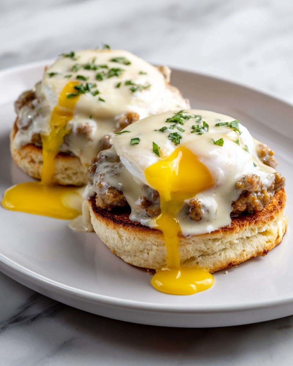 The image shows two large biscuits split open on a white plate, each covered with a thick layer of creamy white gravy mixed with black pepper and small green herb pieces. On top of the gravy are bright orange egg yolks, soft and runny, slightly spilling over the edges. The biscuits have a light golden-brown crust, visible under the gravy, with a fluffy texture inside. The plate rests on a white marbled surface with some blurred green herbs in the background, giving a fresh look. Photo taken with an iphone --ar 4:5 --v 7