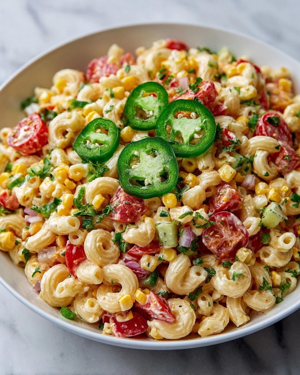 A close-up view of a creamy pasta salad in a white bowl, showing three distinct layers: the base layer is a mix of elbow macaroni and corn kernels with a pale yellow and off-white color, the middle layer features small, bright pink tomato pieces scattered evenly, and the top layer is garnished with fresh green spinach leaves and sliced dark green jalapeño rings. The pasta and vegetables are coated in a glossy, creamy white dressing that binds all elements together. The photo is taken on a white marbled surface, and the lighting highlights the shiny textures and fresh ingredients. Photo taken with an iphone --ar 4:5 --v 7