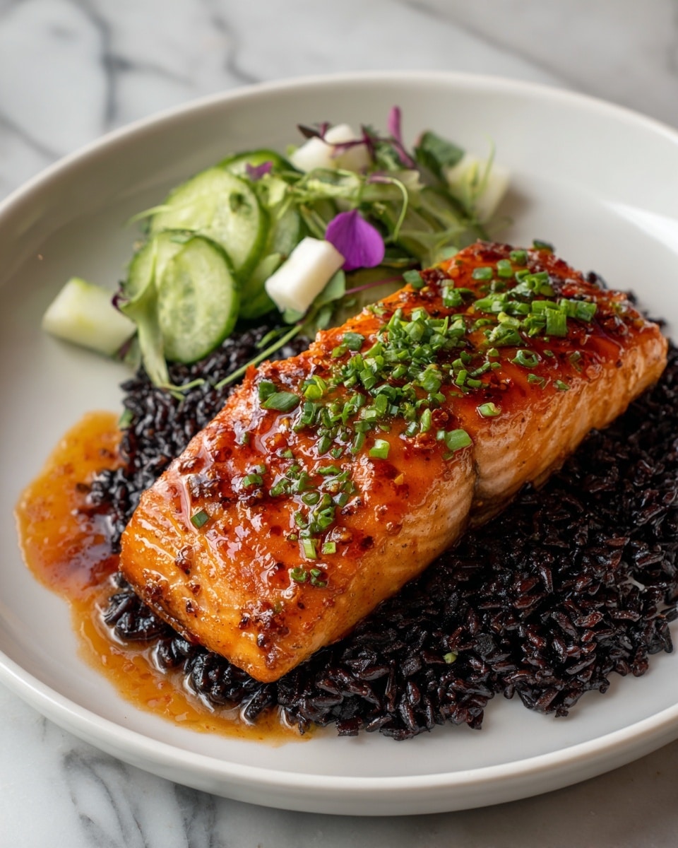 The dish shows a thick salmon fillet with a crispy, golden-brown crust and a glossy dark sauce drizzled on top, sprinkled with finely chopped green herbs. The salmon sits on a dense bed of shiny black rice, its grains tightly packed and glossy. On the side, slices of fresh cucumber and purple onion rings add color, arranged neatly and partially resting on the rice. The whole meal is placed on a plain white plate, set against a white marbled surface. Photo taken with an iphone --ar 4:5 --v 7